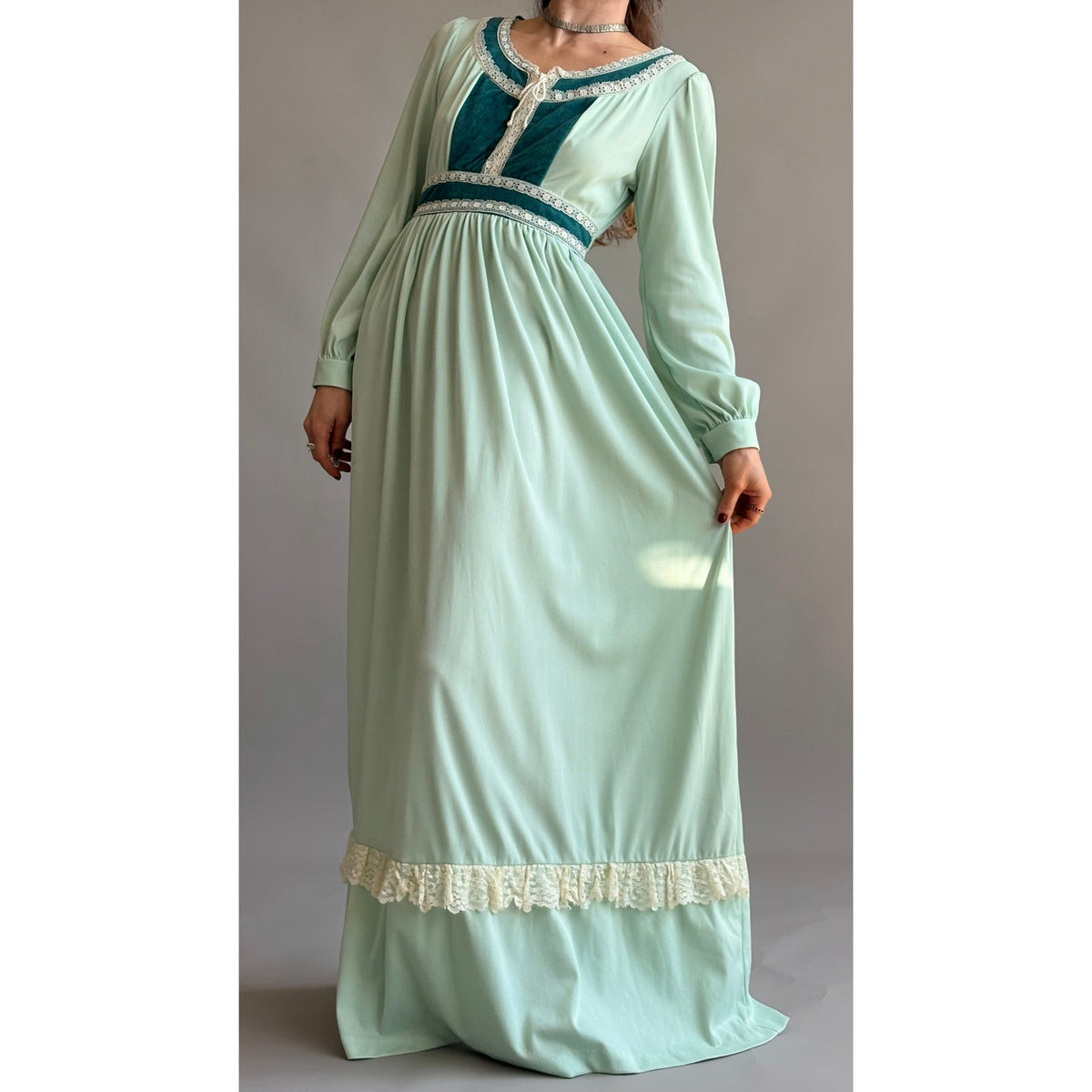 JCPenney Vintage 70s Mint Green Prairie Dress - Lace Trim