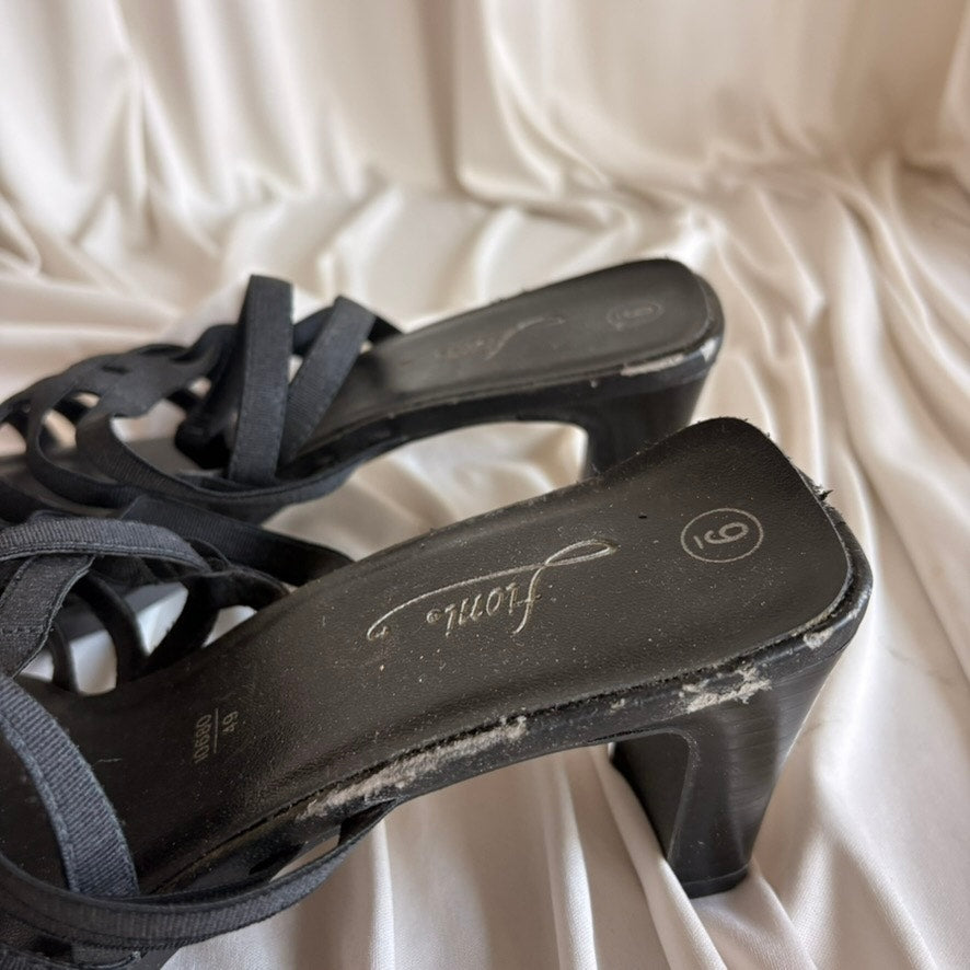 Fioni Black Strappy Sandals - Block Heel, Slingback, Size 9