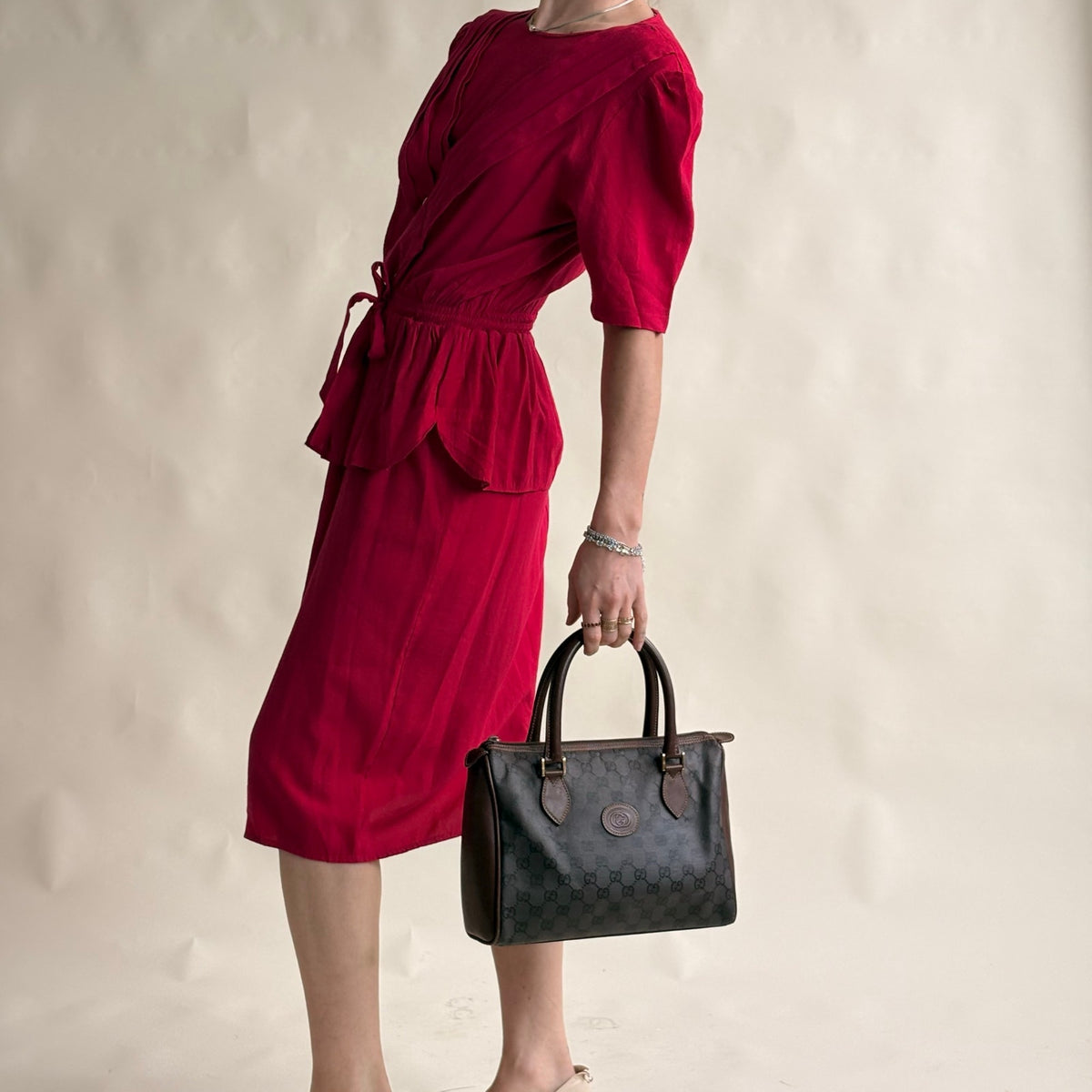 South Bay Vintage Red Wrap Peplum Dress - Pleated Detail, Tie Waist
