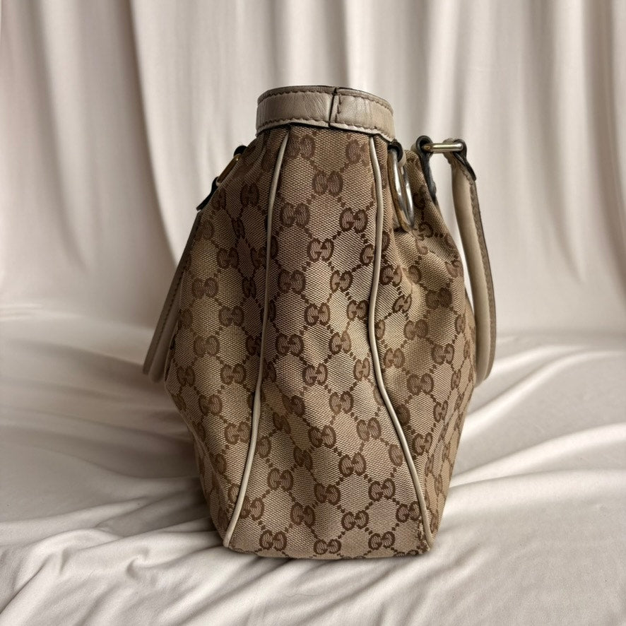 Gucci Sukey Bag Beige GG Monogram Canvas Tote with Cream Leather Handles