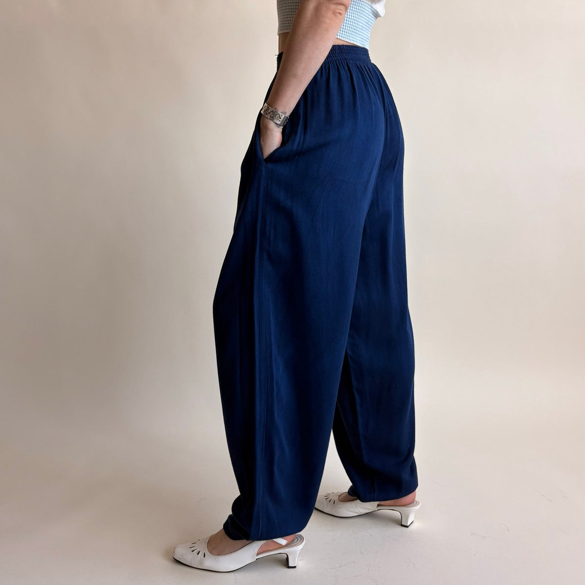 White on White Navy Wide Leg Pants - Small