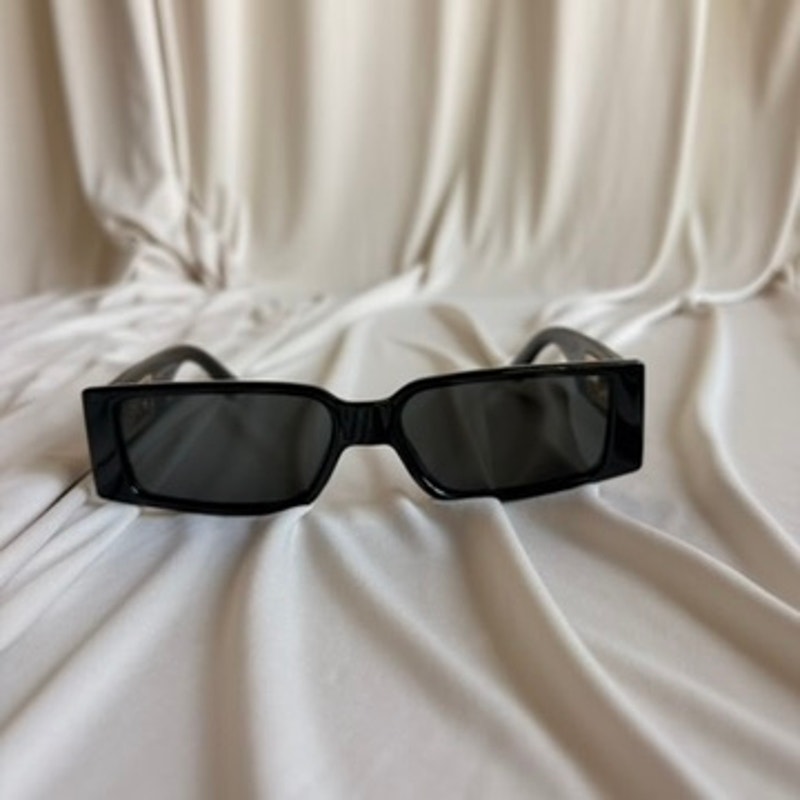 Narrow Black Rectangular Sunglasses - Gold Cheetah Emblem, Cutout Temple Detail