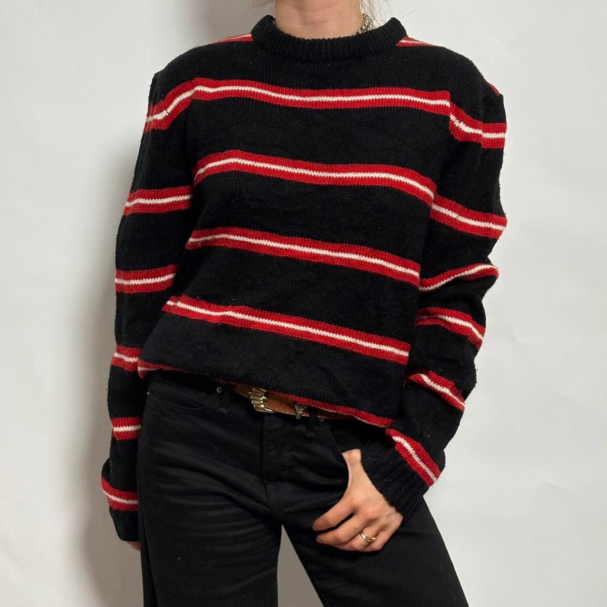Vintage INC Black, Red and White Striped Rugby Sweater- XL