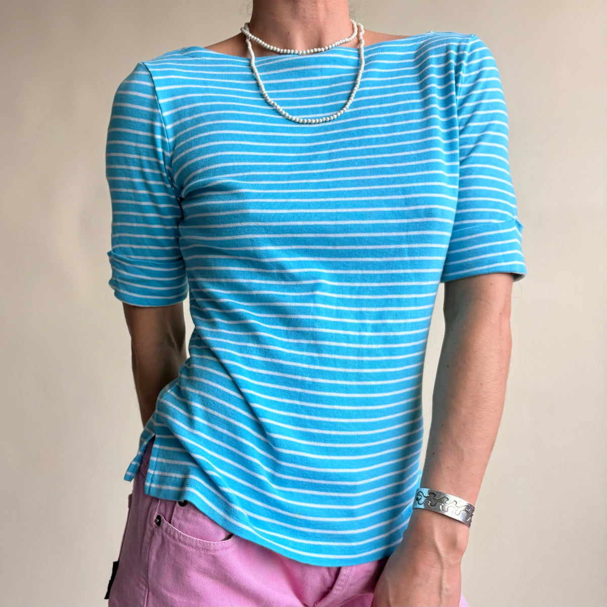 Ralph Lauren Sailor Top - Light Blue & White Striped, Boat Neck, Size Small
