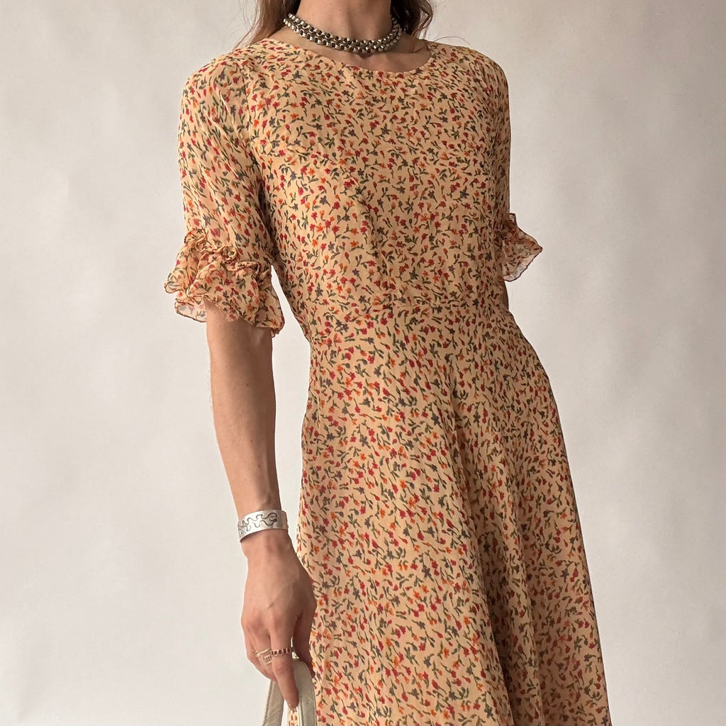 Vintage 70s Handmade Ditsy Floral Chiffon Maxi Dress - Small