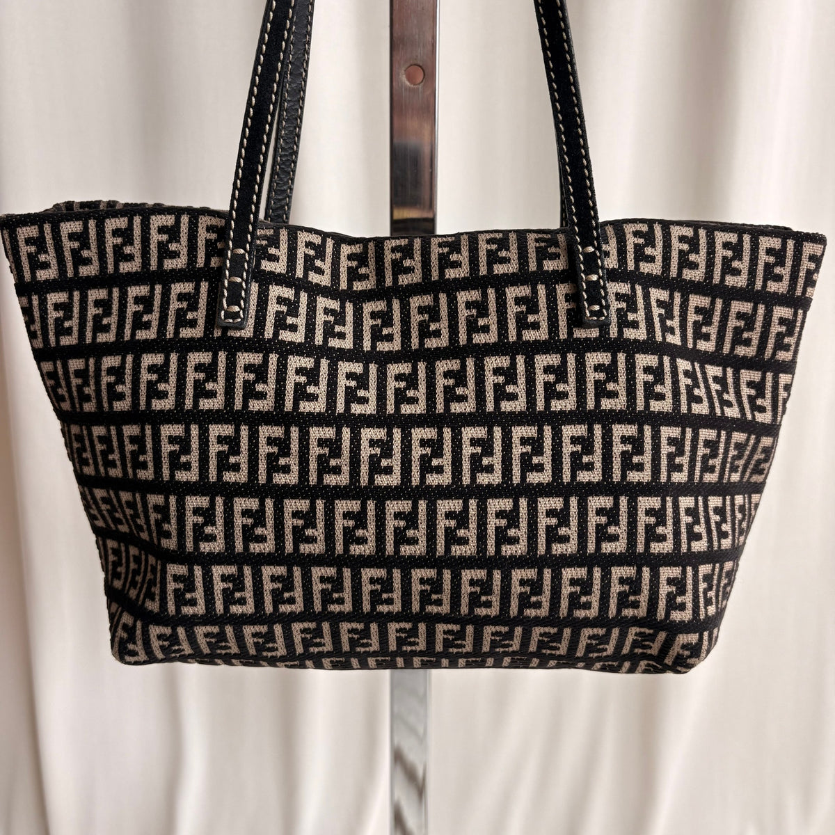 Vintage Fendi Zucchino Roll Tote - Black & Tan Textured Canvas