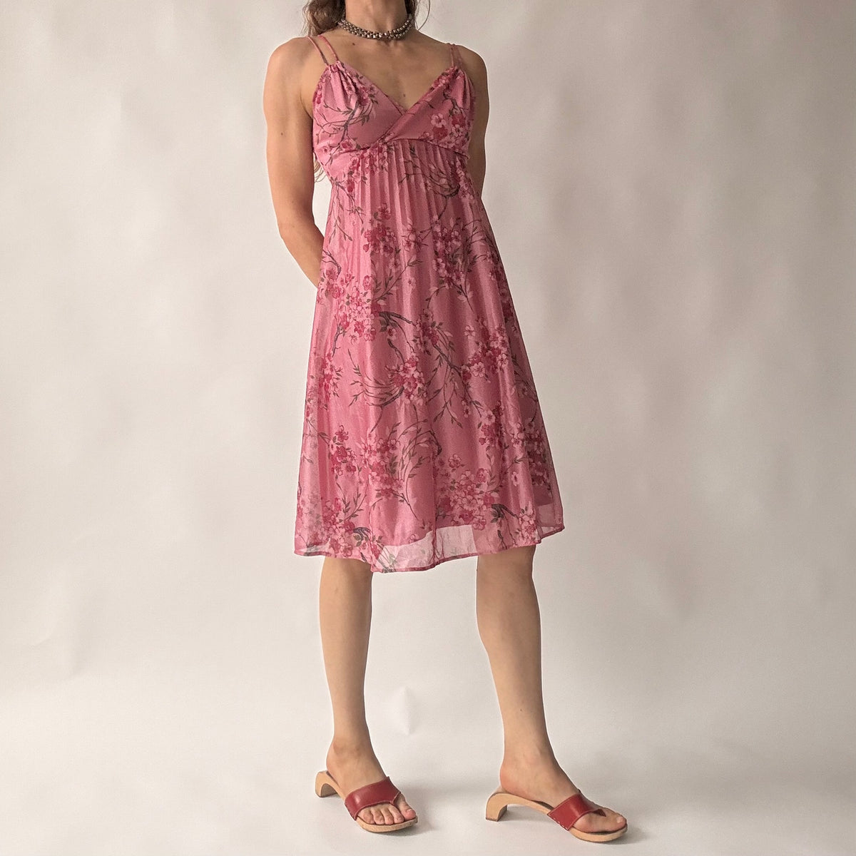 Vintage Y2K Pink Cherry Blossom Print Babydoll Dress