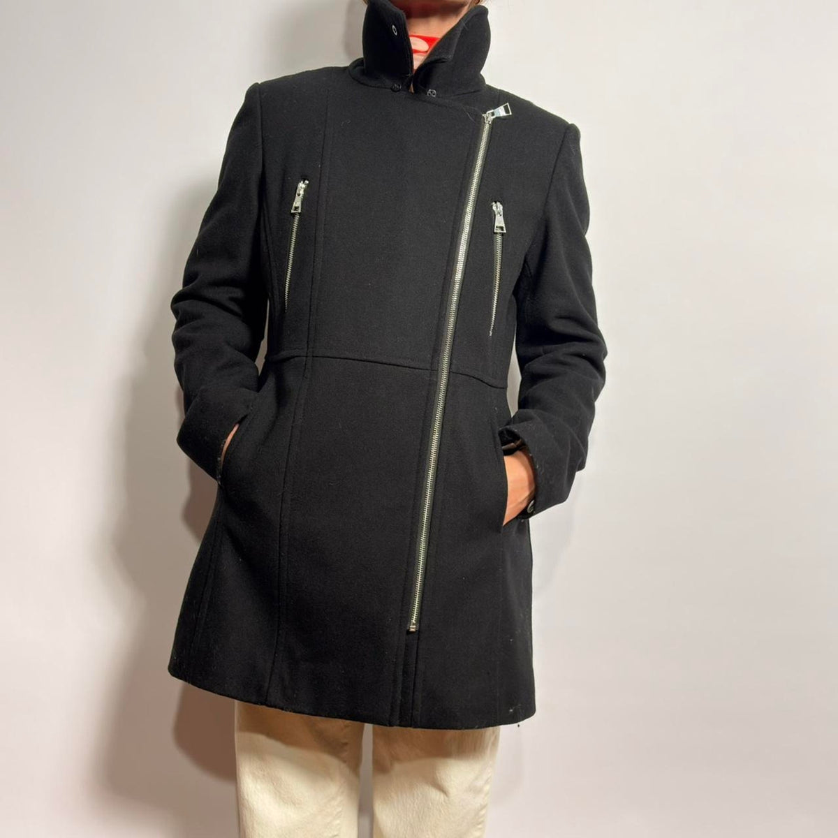 Karl Lagerfeld Black Wool Moto Coat - Small