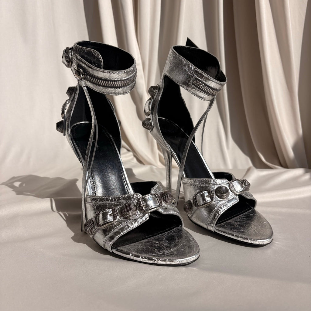 Balenciaga Silver Metallic Leather Cagole Studded Heels