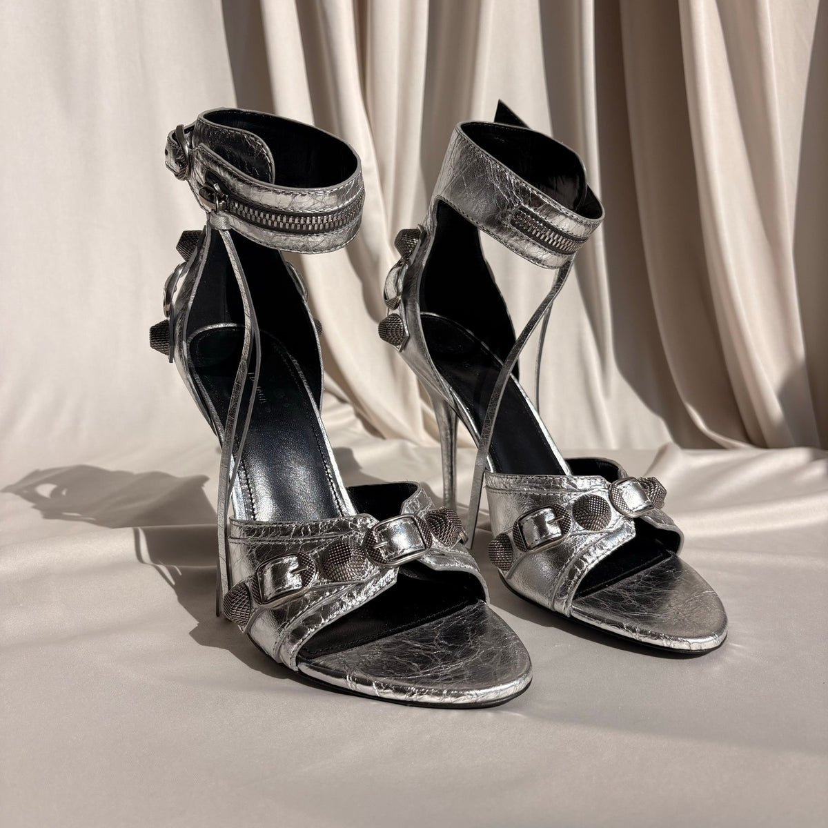 Balenciaga Silver Metallic Leather Cagole Studded Heels