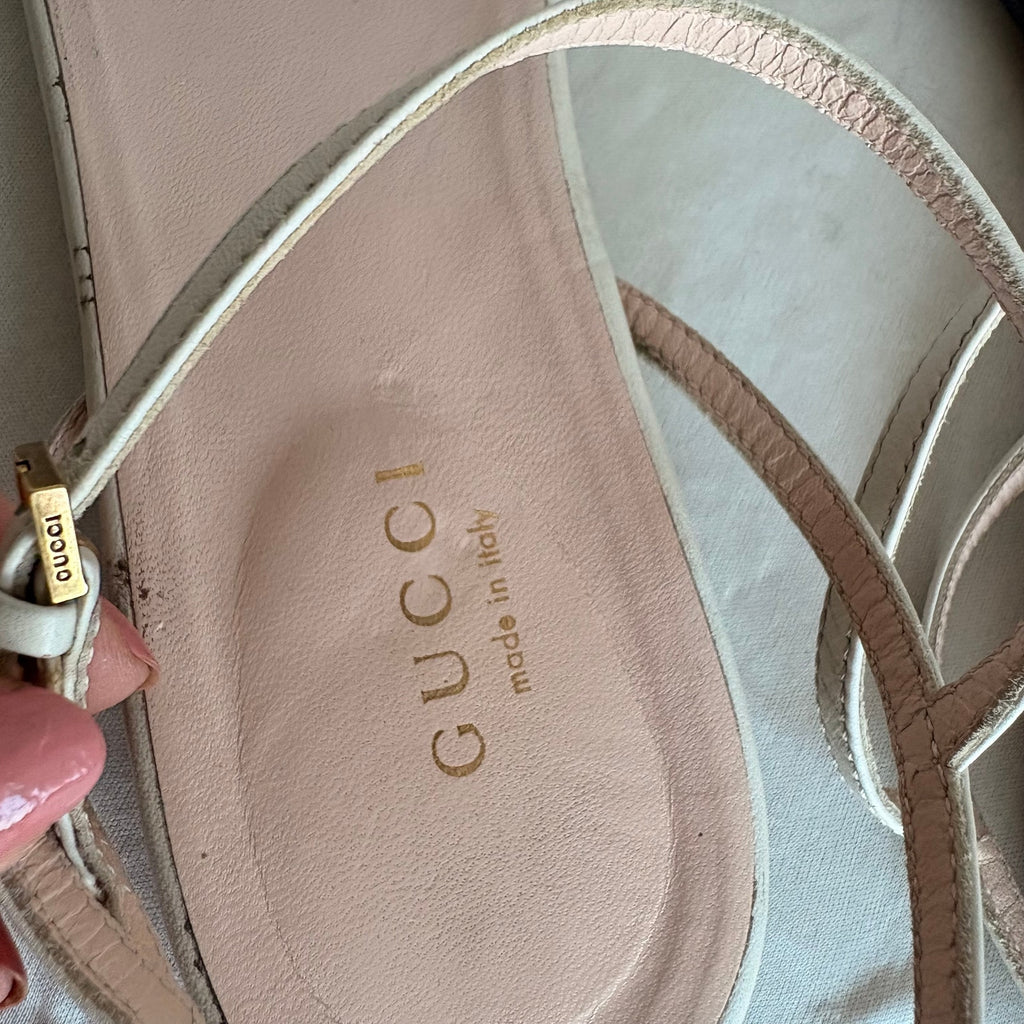 Gucci Double G Lifford White Calfskin  Flat Ankle Wrap Sandals - 39