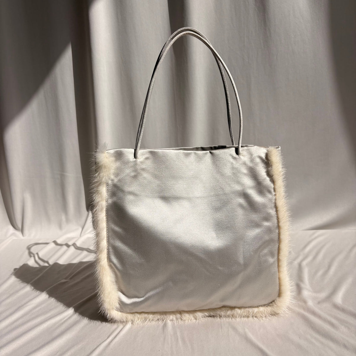 Vintage Prada Raso Cream Satin & Silk Tote - Mink Fur Trim