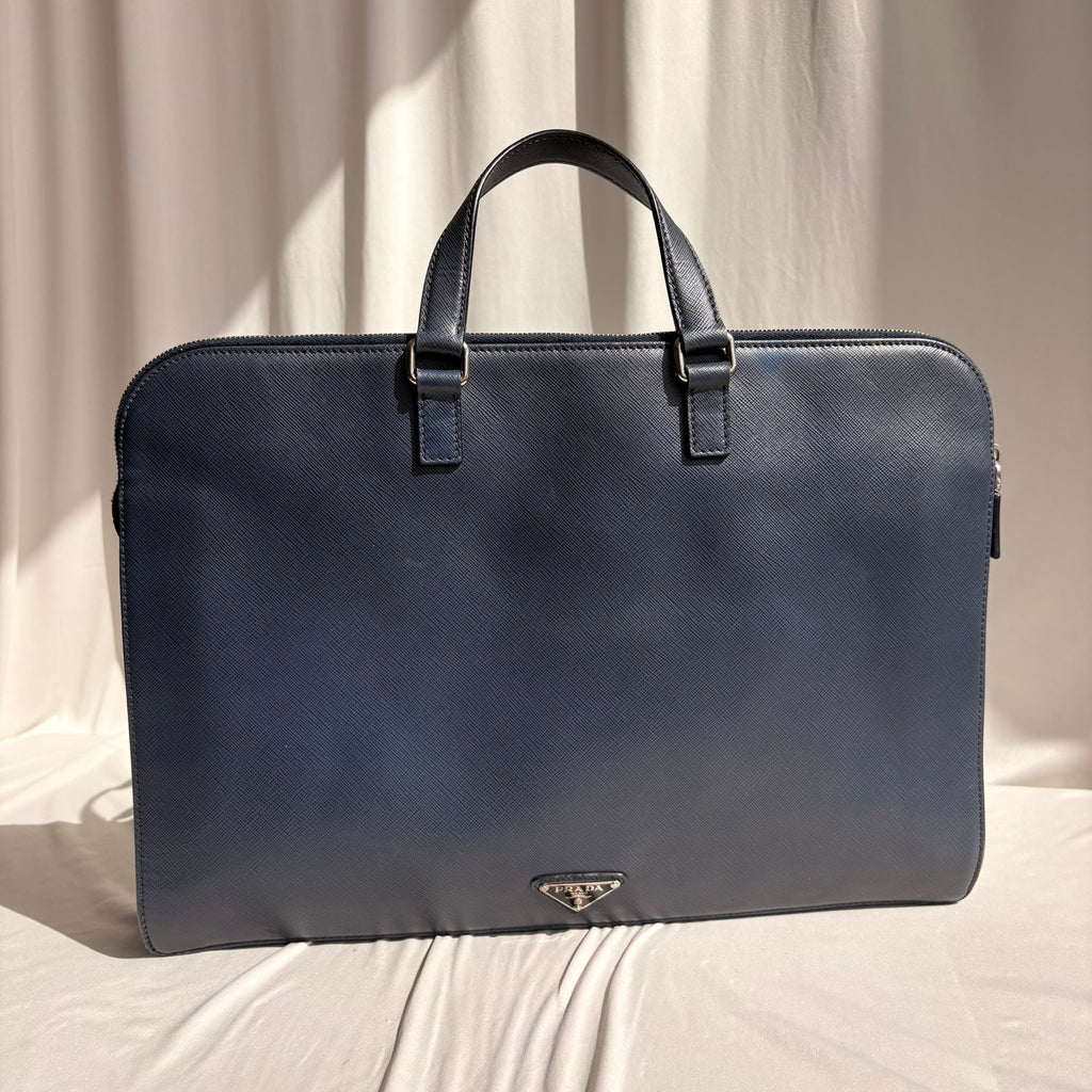Prada Saffiano Leather Briefcase Bag - Dark Navy Blue