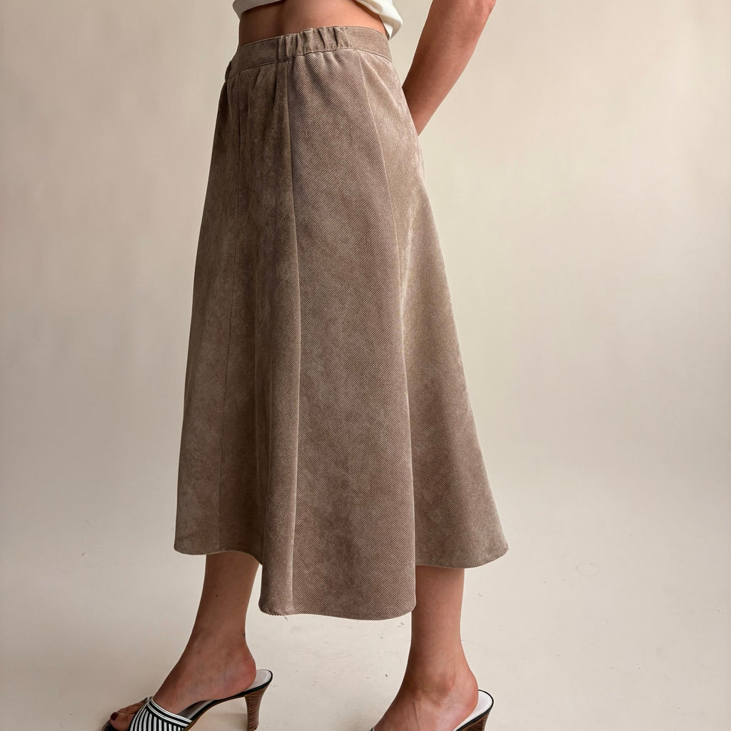 Edinburgh Woolen Mills Taupe A-Line Midi Skirt - Elastic Panel Waist, Size Small