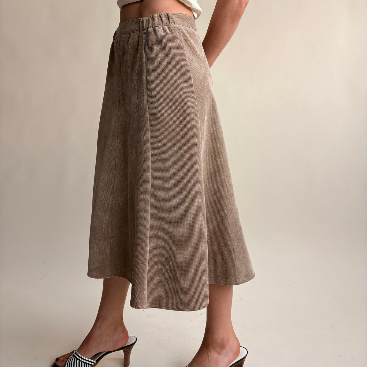 Edinburgh Woolen Mills Taupe A-Line Midi Skirt - Elastic Panel Waist, Size Small