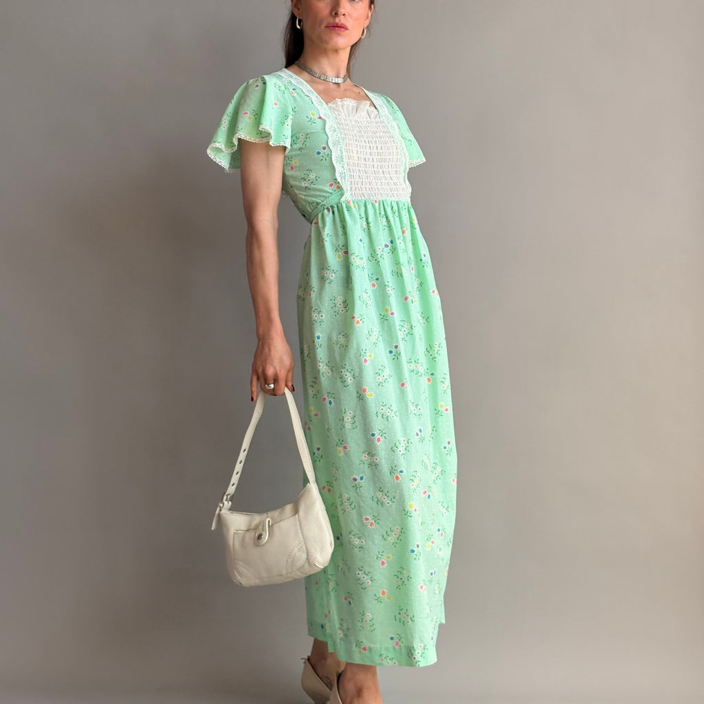 Vintage 70s Sears Growing Girl  Green Floral Prairie Dress - Small