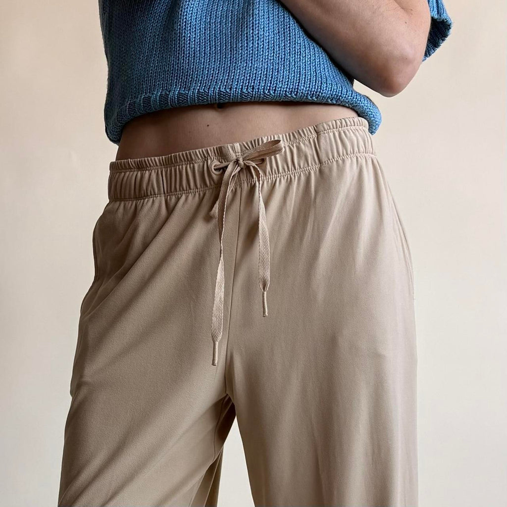Tan Wide Leg Lounge Pants - Drawstring Waist, Ankle Slits, Size XS