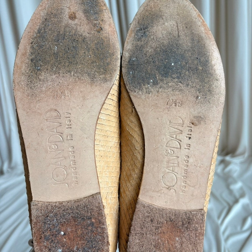 Joan & David Reptile Skin Loafers - Tan Beige, Gold Chain Detail, Size 7.5