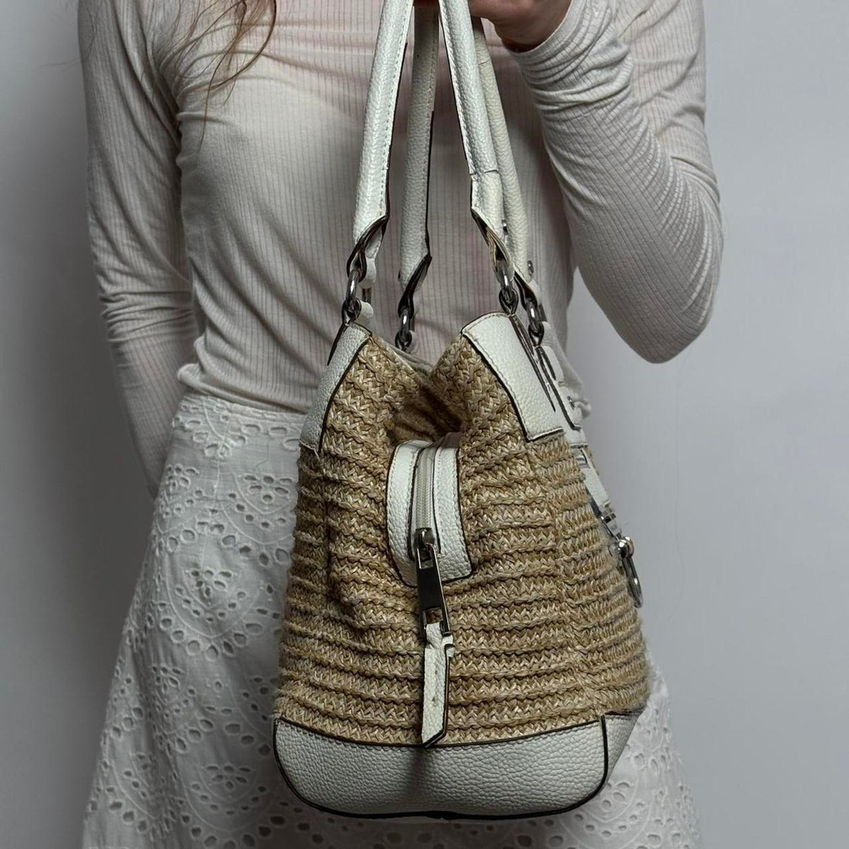 Vintage Dana Buchman Straw &  White Leather Tote