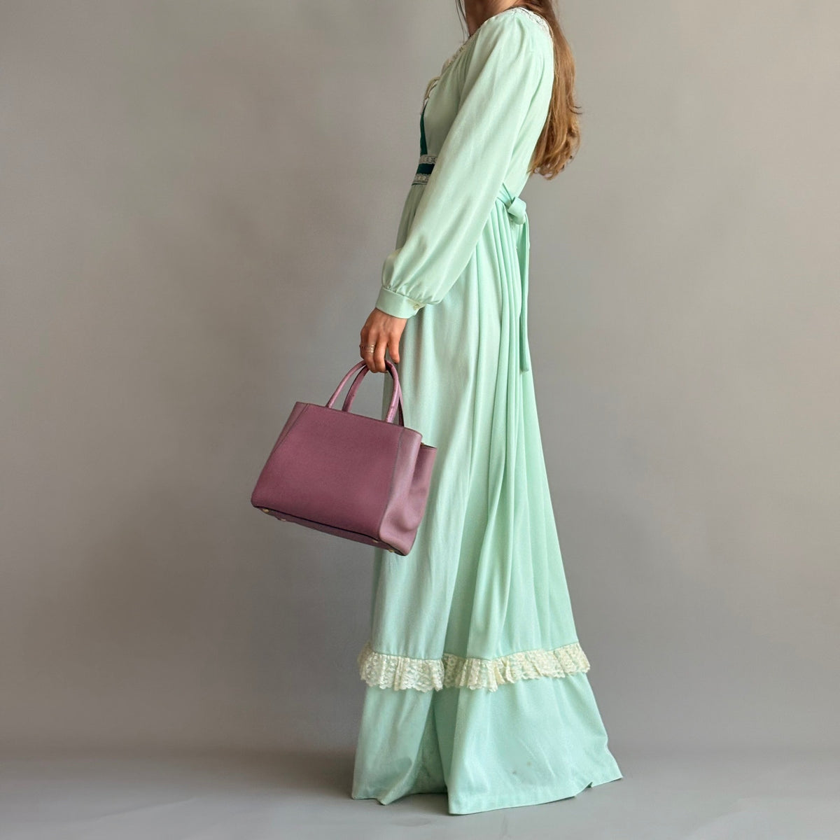 JCPenney Vintage 70s Mint Green Prairie Dress - Lace Trim