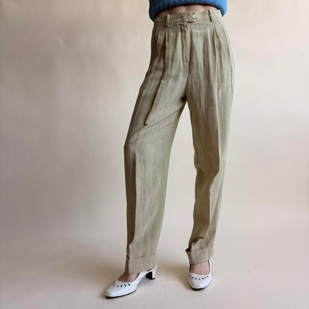 Susie Tompkins Wool Trousers - Tan with White Pinstripe Size 4