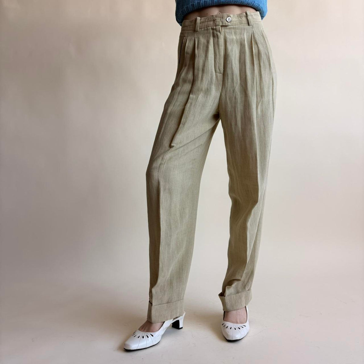 Susie Tompkins Wool Trousers - Tan with White Pinstripe Size 4