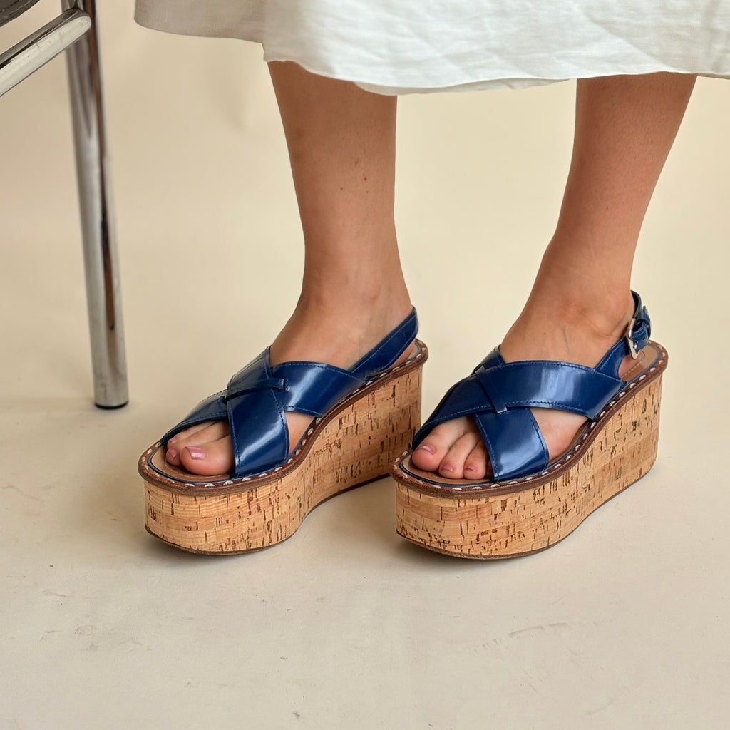 Prada Crisscross Blue Leather Wedge Sandals - EU 38 / US 7