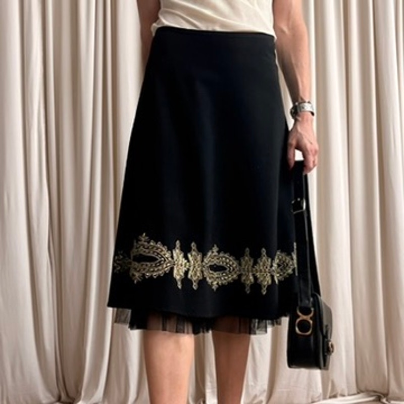 Sunny Leigh Embroidered Skirt - Black, Gold Floral, Tulle Lining - Size 6 (Fits M)
