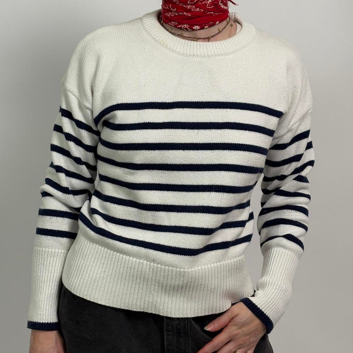 Philosophy White & Navy Striped Sweater | Classic Preppy Cotton