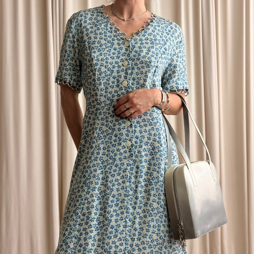Halmode Petites Blue and White Floral Midi Dress- 90s - Size 10 (Fits M)
