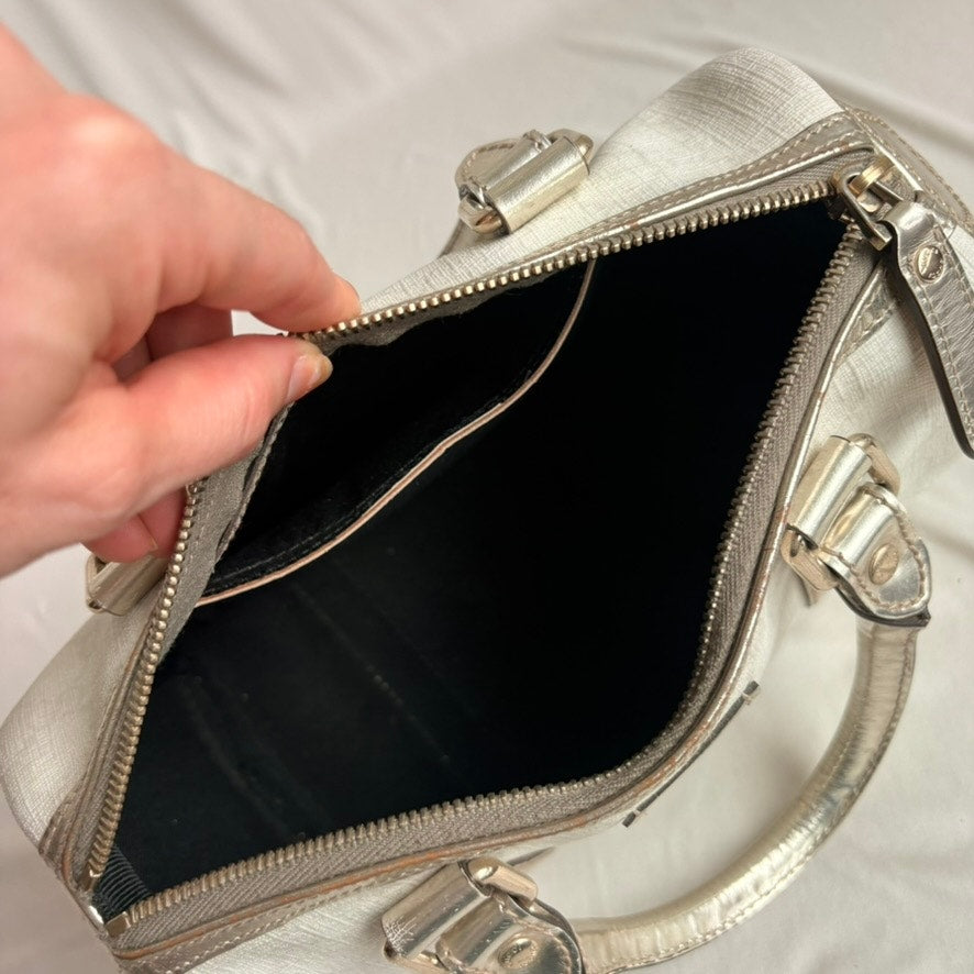 Gucci Small Joy Boston Bag - GG Supreme Canvas, White/Gold, Metallic Silver Trim