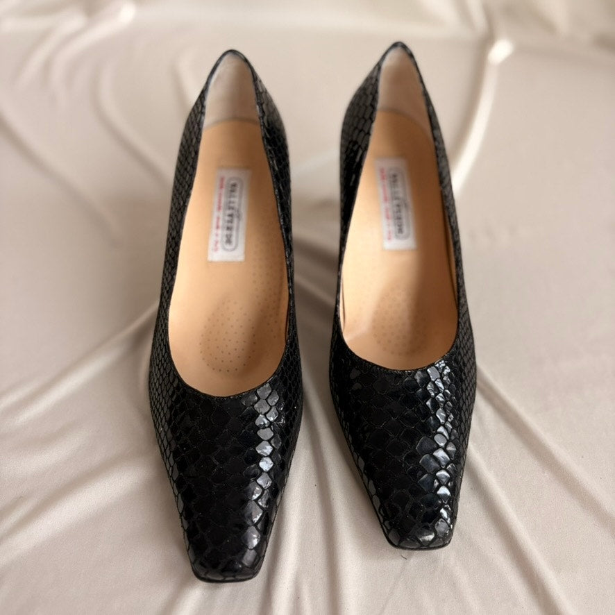 VALLEVERDE Snakeskin Pumps - Black, Block Heel, Made in Italy, EU 38.5 / US 7.5