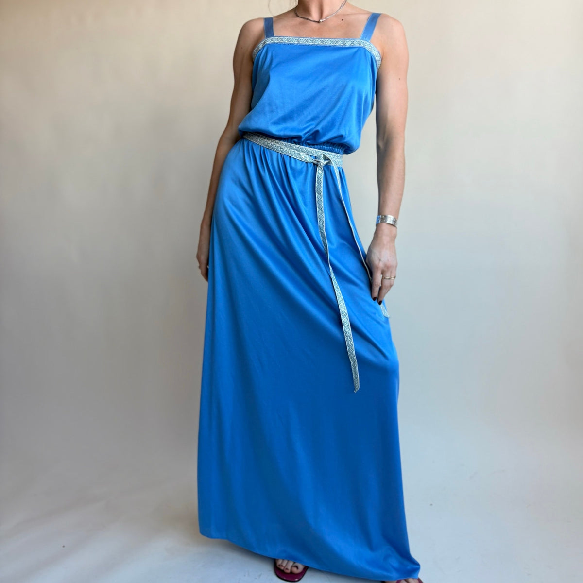 1970s Handmade Blue Maxi Dress - Square Neck, Silver Trim, Elastic Waist, Fits Small