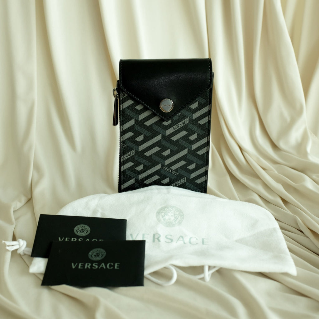 Versace La Greca Signature Crossbody Phone Pouch Leather Black Gray