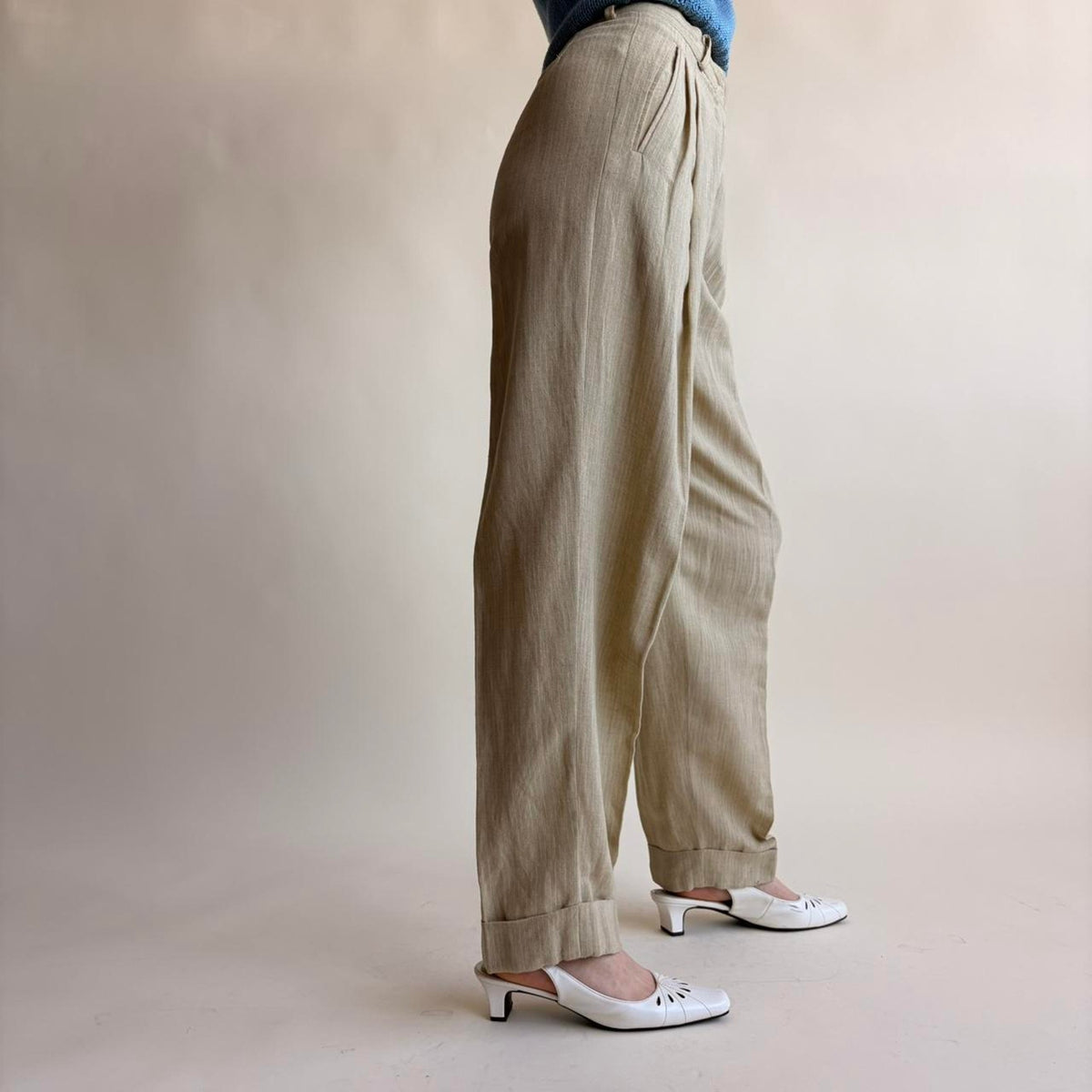 Susie Tompkins Wool Trousers - Tan with White Pinstripe Size 4