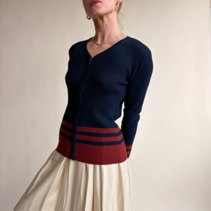 Jones & Co. Navy Zip Cardigan - Burgundy Stripes, Wool Blend, Preppy Coastal Vibes, Size Small
