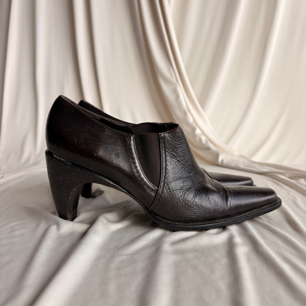 Vintage Stuart Weitzman Brown Leather Ankle Booties - Curved Heel, 7.5