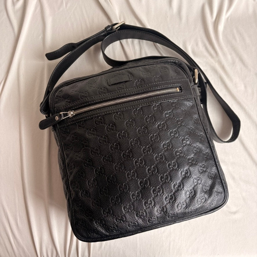 Gucci Crossbody Messenger Bag - Guccissima Leather, Black, Silver Hardware