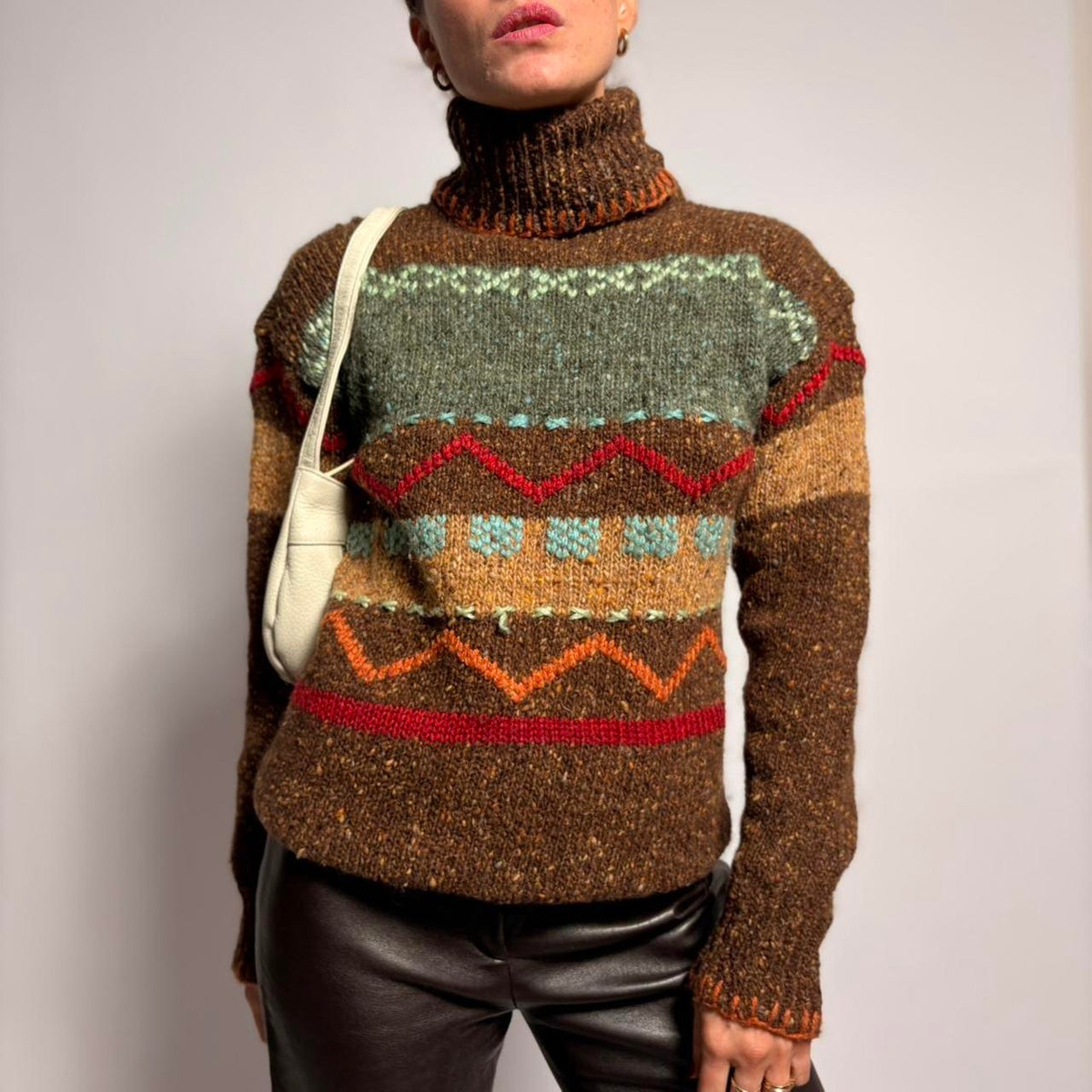 Vintage Wool Turtleneck with Geometric Stitching - Brown, Size Large
