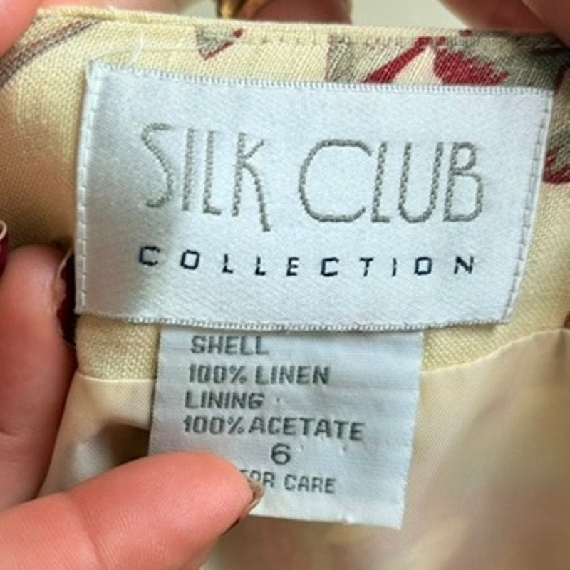 Silk Club Collection Linen Midi Skirt - Cream & Burgundy Floral Bird Print- Size 6