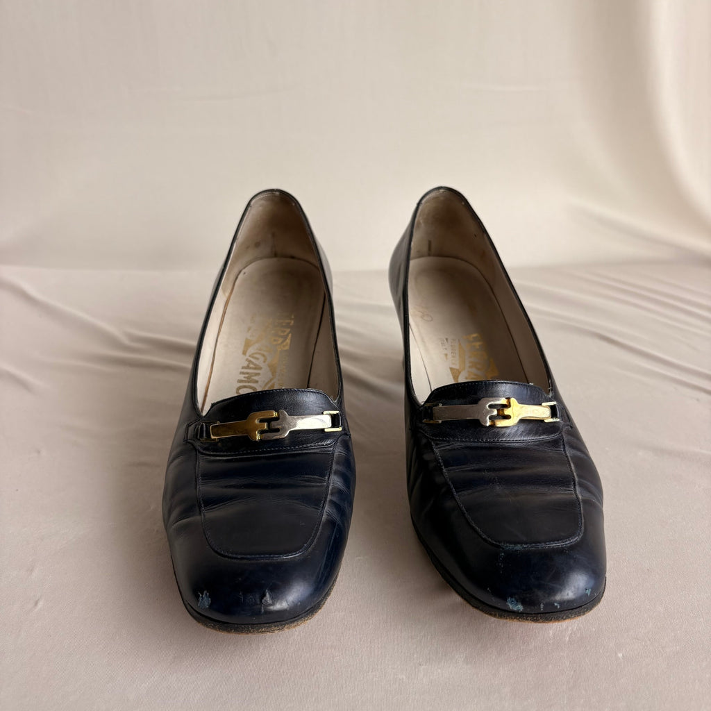 Vintage Ferragamo Navy Leather Heeled Loafers - Gold/Silver Hardware, 7.5