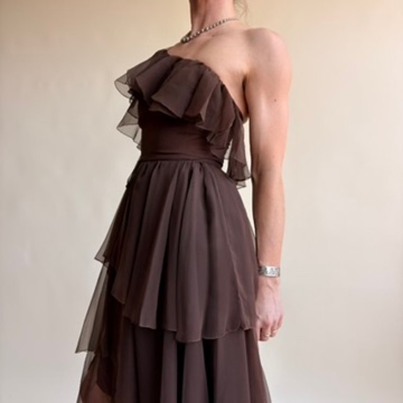 Patricia Murray Brown Ruffled Chiffon Dress - One-Shoulder, Fits Modern 0
