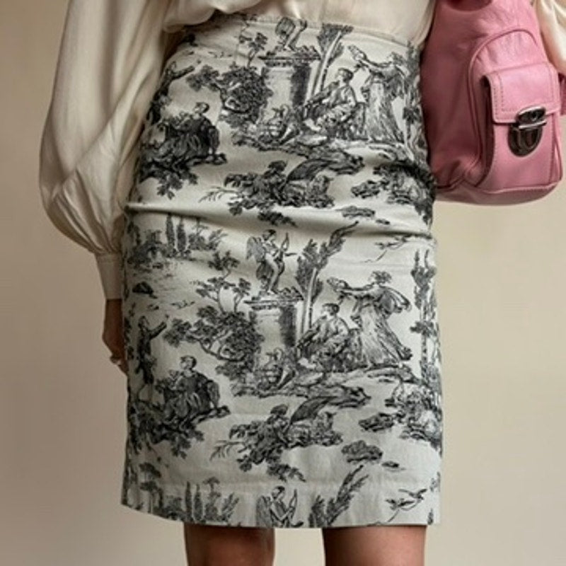 NYC Design Company Toile Pencil Skirt - Black & White Pastoral Scene, Stretchy Cotton, Size 4