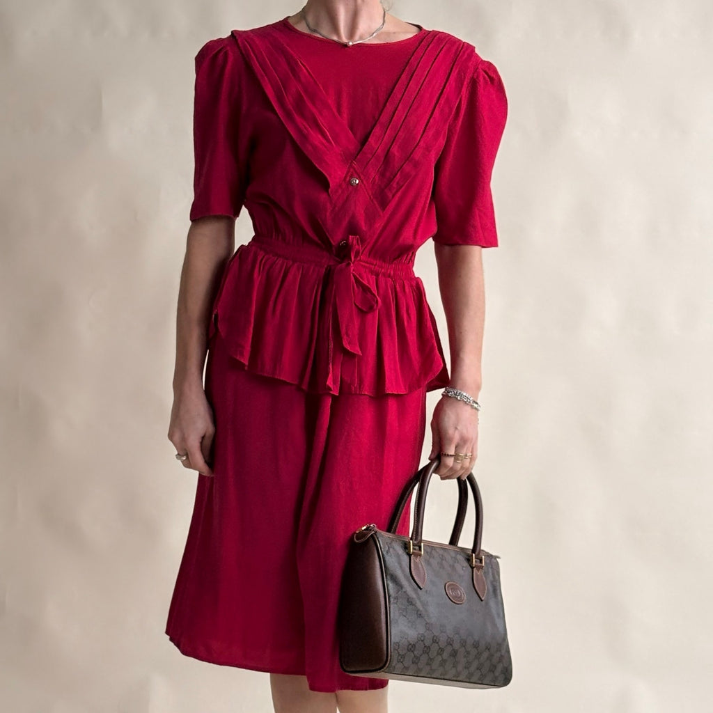 South Bay Vintage Red Wrap Peplum Dress - Pleated Detail, Tie Waist