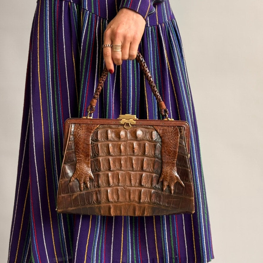Antique Hornback Alligator Skin Handbag with Taxidermy Paws - Brown