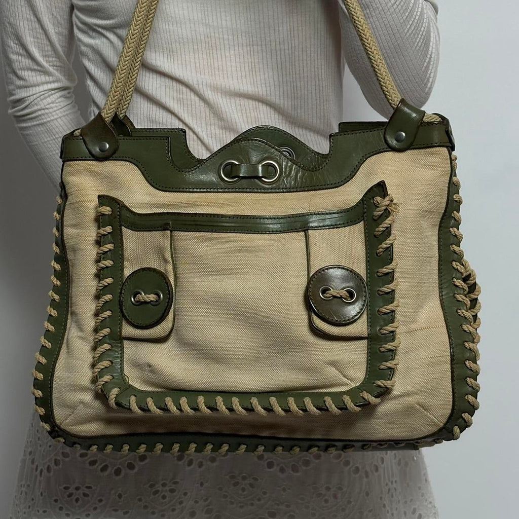 Jamin Puech Paris Canvas & Olive Green Leather Tote