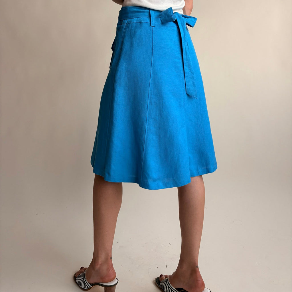 Ann Taylor Turquoise A-Line Skirt - Linen Blend, Utility Pockets, Belt, Size 0