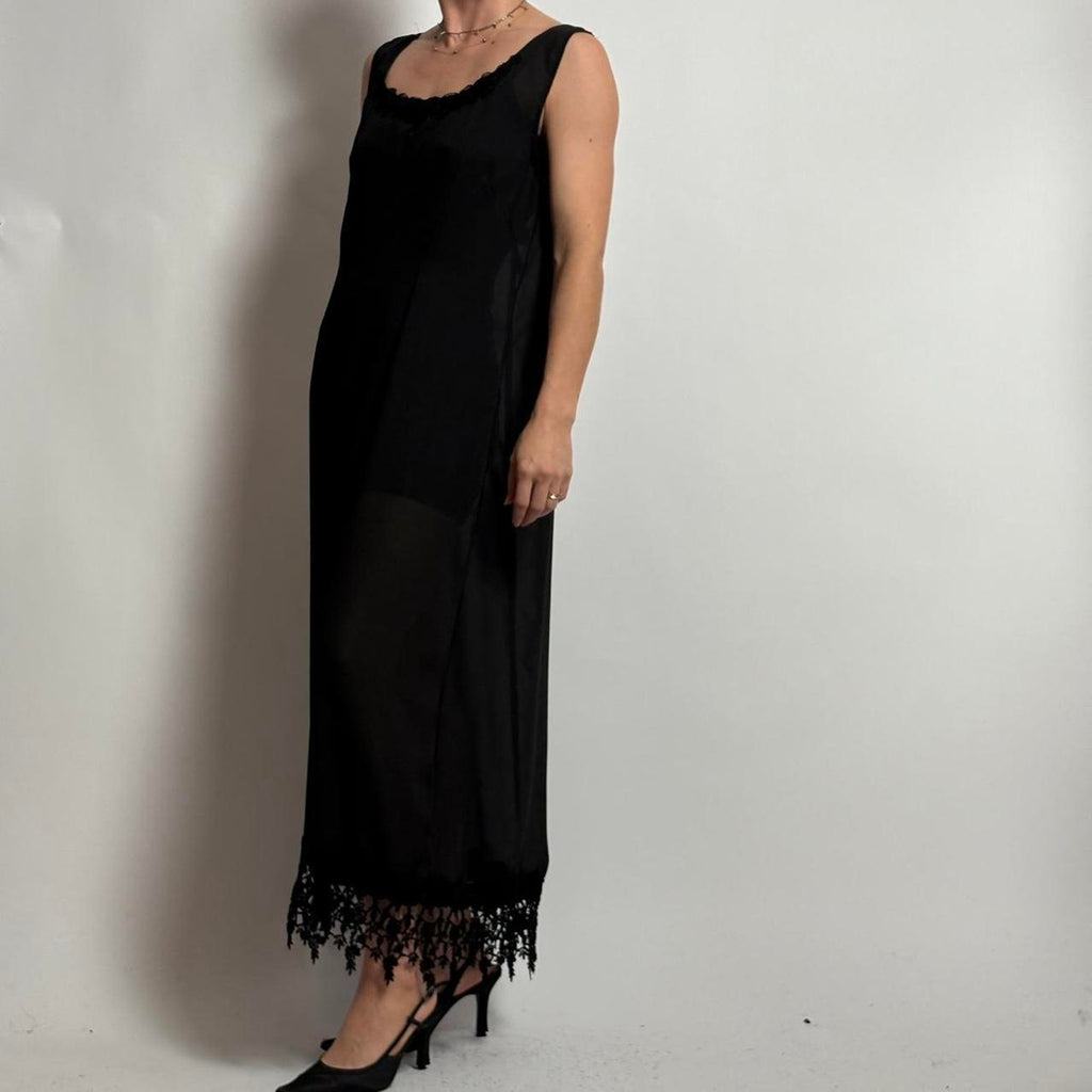 Vintage Alexander Brown Sheer Black Floral Maxi Dress - Lace Trim, Fits M/L