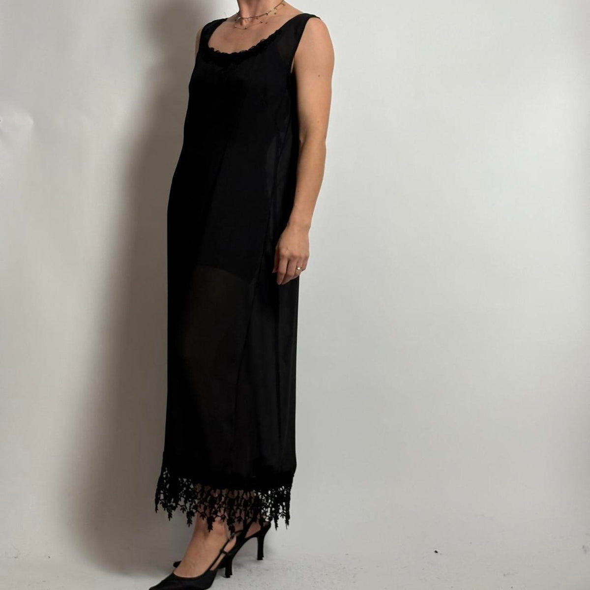Vintage Alexander Brown Sheer Black Floral Maxi Dress - Lace Trim, Fits M/L