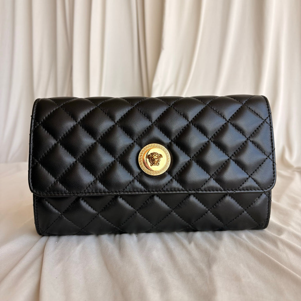 Versace Quilted Lambskin Leather Clutch - Black, Gold Hardware, NWOT
